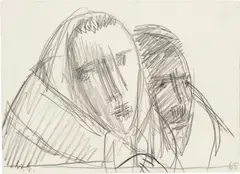 Bauernpaar by Werner Berg, 1965, pencil on paper; framed, sold Mar 2024