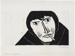 Mann mit Zigarette by Werner Berg, 1972, woodcut on paper; framed, sold Mar 2024