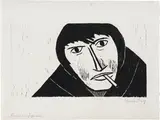 Werner Berg, Mann mit Zigarette, 1972, woodcut on paper; framed