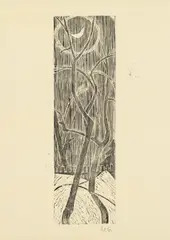 Werner Berg, Bäume und Sichelmond, 1972, folding bone hand print on tissue paper; framed