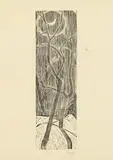 Werner Berg, Bäume und Sichelmond, 1972, folding bone hand print on tissue paper; framed