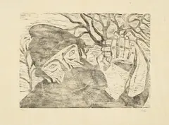 Werner Berg, Der Taubstumme, 1935, folding bone hand print on tissue paper; framed