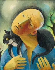 Carry Hauser, Mit Katze, 1967, oil on hardboard; framed