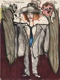 Peter Dwořak, Frau in viel zu großem Anzug, Dagmar 2, 1989/37, mixed media on paper; framed