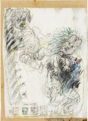 Tone Fink, Two dolls, 1972, mixed media on paper, on linen; framed