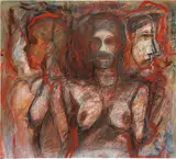 Adolf Frohner, Three women in red, 1984, mixed media on paper; framed