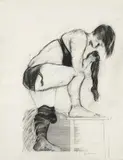 Adolf Frohner, Lady putting on a stocking, mixed media on paper; framed