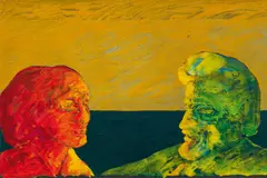 Rudolf Hoflehner, Two heads, mixed media on canvas; framed