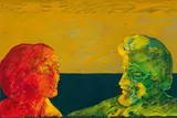 Rudolf Hoflehner, Two heads, mixed media on canvas; framed