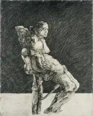 Rudolf Hoflehner, Nackte auf medizinischem Stuhl, 1977, mixed media on paper; framed