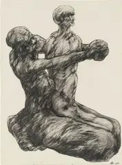 Rudolf Hoflehner, Gestalt in den Armen haltend, 1975, mixed media on paper; unframed