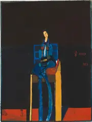 Giselbert Hoke, Sitting in blue, 1979, mixed media on laid paper; framed
