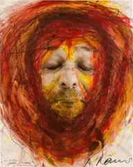 Arnulf Rainer, im roten Stricke, 1982, mixed media on photography; framed