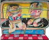 Franz Ringel, Zwei auf einer Bank, mixed media on paper; framed