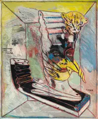 Gelbes Wangen Binden by Peter Sengl, 1989, mixed media on hardboard; unframed, sold Mar 2024