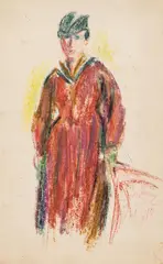 Anton Faistauer, Lady in a red dress, 1918, coloured chalk on paper; framed
