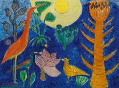 Gerhild Diesner, Ibis und Sonne aus der Schöpfung, 1966, oil on hardboard; framed