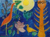 Gerhild Diesner, Ibis und Sonne aus der Schöpfung, 1966, oil on hardboard; framed