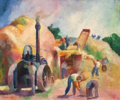Károly Patkó, During threshing, 1927, oil on canvas; framed