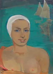 Arnold Clementschitsch, Bathing semi-nude by the water, c. 1949, oil on cardboard; framed