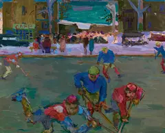 Felix Esterl, Ice hockey players, c. 1928, oil on canvas; framed