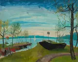 Rudolf Wacker, Bodenseelandschaft (Bilgeri-Bach im Frühling), 1927, oil on paper on cardboard; framed
