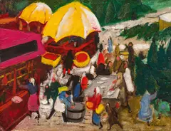 Christmas market by Josef Dobrowsky, 1931, oil on cardboard; framed, sold Nov 2023