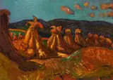 Josef Dobrowsky, Stooks, oil on wood panel; framed