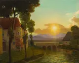 Eduard Kasparides, Sonnenuntergang in der alten Vorstadt, oil on cardboard; framed