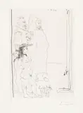 Pablo Picasso, Trois personnages, dont une caricature d'après El Greco et une d'après Tintin, et un petit chien, 1966, etching on vélin with watermark "Guarro"; framed