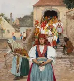 Hans Tschelan, After church, oil on panel; framed