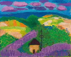 Leopold Birstinger, Hüter-Hütte im Weinland, 1980-83, oil on canvas; framed