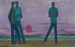 Werner Berg, Bowlers in the setting sun, 1979, oil on canvas; framed