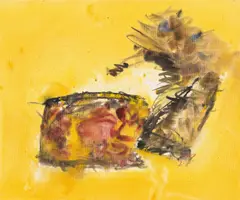 Josef Mikl, Vase with peaches, 2006, oil on canvas; framed