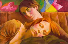 Xenia Hausner, Midnight Oil Drama, 2021, ink and oil on hand-printed monolithograph; framed