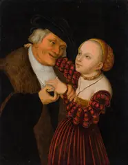 Lucas Cranach the Elder, The ill-matched couple, oil on panel; framed