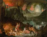 Jan Brueghel the Younger, Rocky hellscape, c. 1625-30, oil on copper; framed