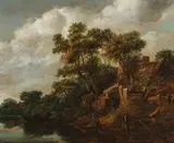 Cornelis Gerritsz Decker, River landscape with fishermen, oil on panel; framed