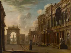 Josef Platzer, Fantastical palace architecture with an archway, oil on canvas; framed