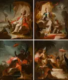 Johann Wolfgang Baumgartner, Allegories of the continents Europe, Africa, Asia and America (4 pieces), oil on canvas; framed
