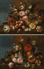 Floral still life with fruits (counterparts) by Franz Werner Tamm, oil on panel; framed, sold Nov 2023