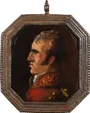 Portrait of a gentleman in elegant uniform by Francisco Jose Y Lucientes Goya, oil on copper (probably formerly oval/round, subsequently irregulary trimmed edges); 19th century metal frame, offered Nov 2023