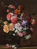 Jean-Baptiste Monnoyer, Lush bouquet of flowers in a glass vase, oil on canvas; framed
