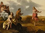 Cornelisz van Poelenburg, Pan and  the nymphs, oil on panel; framed