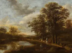 Pieter van Asch, Landscape with hunting society, oil on panel; parqueted; framed