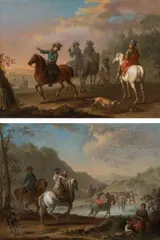 Franz de Paula Ferg, Hunting party and river crossing (counterparts), oil on panel; framed