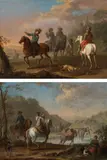 Franz de Paula Ferg, Hunting party and river crossing (counterparts), oil on panel; framed
