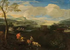 Anton Faistenberger, Lively riverside landscape, oil on canvas; framed