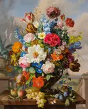 Anton Hartinger, Large floral still life with fruits, 1836/37, oil on panel; framed