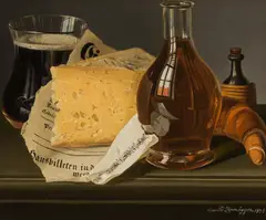 Leopold Zinnögger, Still life with cheese and wine, 1838, oil on canvas; framed